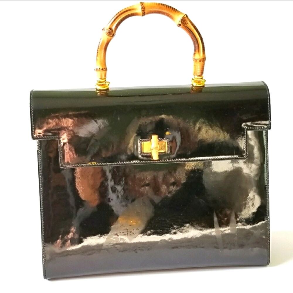 RARE Vintage Furla Patent Leather Handbag with Bamboo